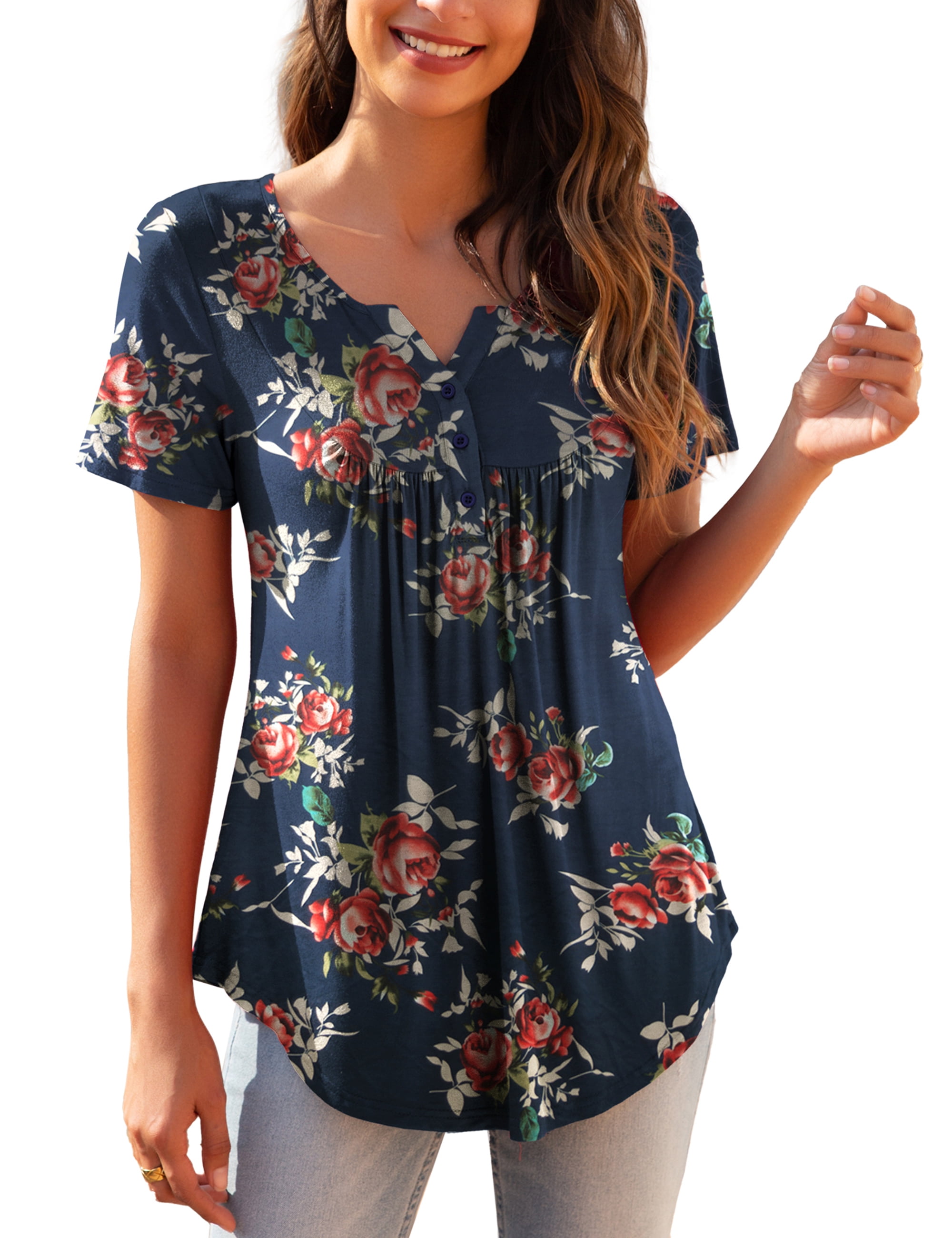 Chama V Neck Henley Shirts for Women Short Sleeve Pleated Tunic Tops ...