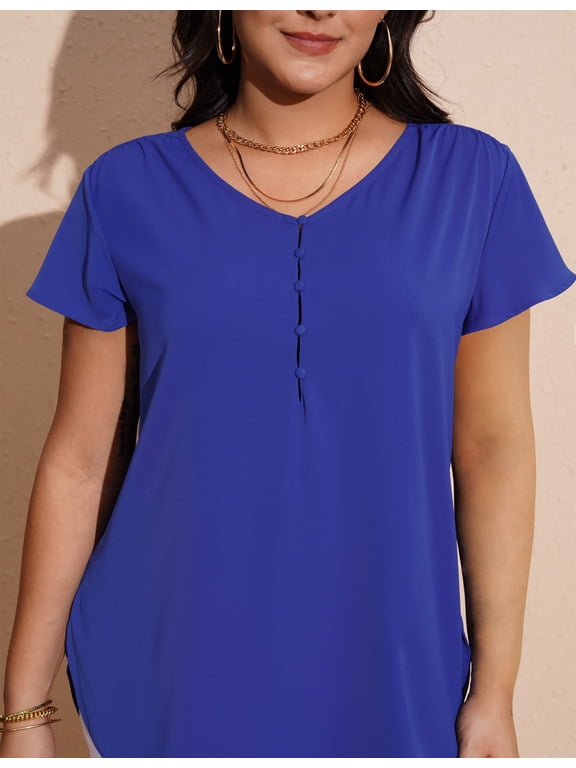 Women’s Plus Size V-Neck Blouse Casual Flowy Flutter Sleeve Tops with Button for Curvy Women M-4X