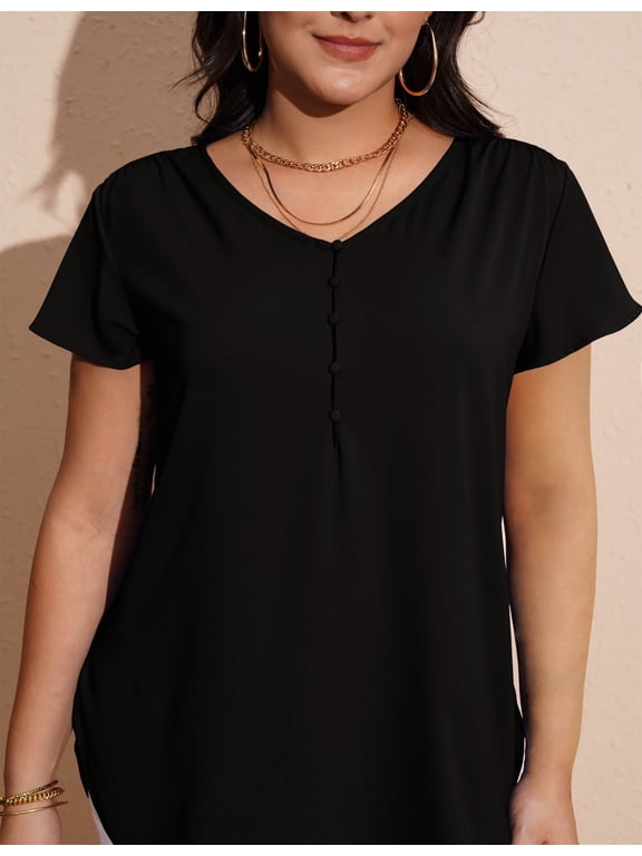 Women’s Plus Size V-Neck Blouse Casual Flowy Flutter Sleeve Tops with Button for Curvy Women M-4X