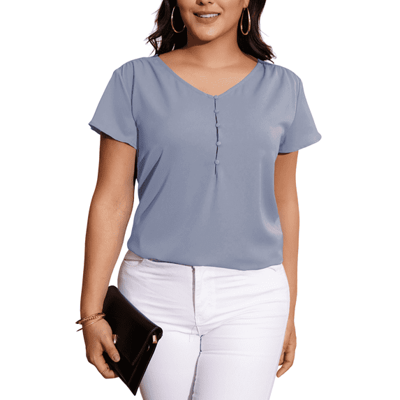 a.Jesdani Women’s Plus Size V-Neck Blouse Casual Flowy Flutter Sleeve Tops with Button for Curvy Women M-4X