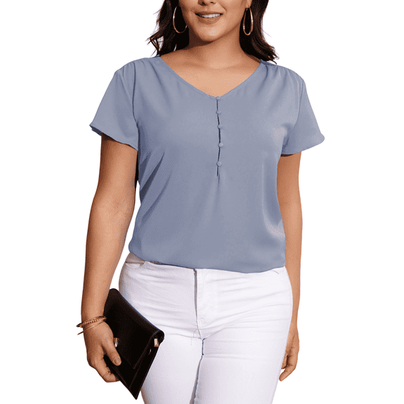 a.Jesdani Women’s Plus Size V-Neck Blouse Casual Flowy Flutter Sleeve Tops with Button for Curvy Women M-4X