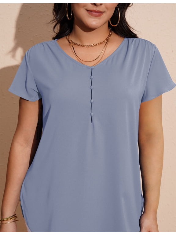 Women’s Plus Size V-Neck Blouse Casual Flowy Flutter Sleeve Tops with Button for Curvy Women M-4X