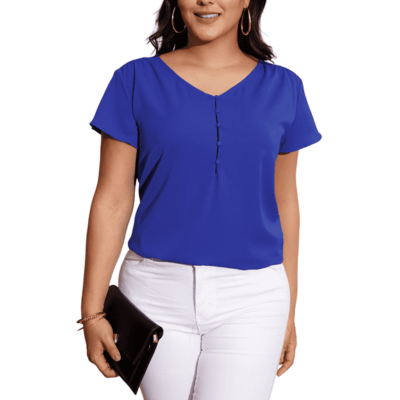 a.Jesdani Women’s Plus Size V-Neck Blouse Casual Flowy Flutter Sleeve Tops with Button for Curvy Women M-4X