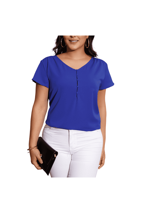 Women’s Plus Size V-Neck Blouse Casual Flowy Flutter Sleeve Tops with Button for Curvy Women M-4X