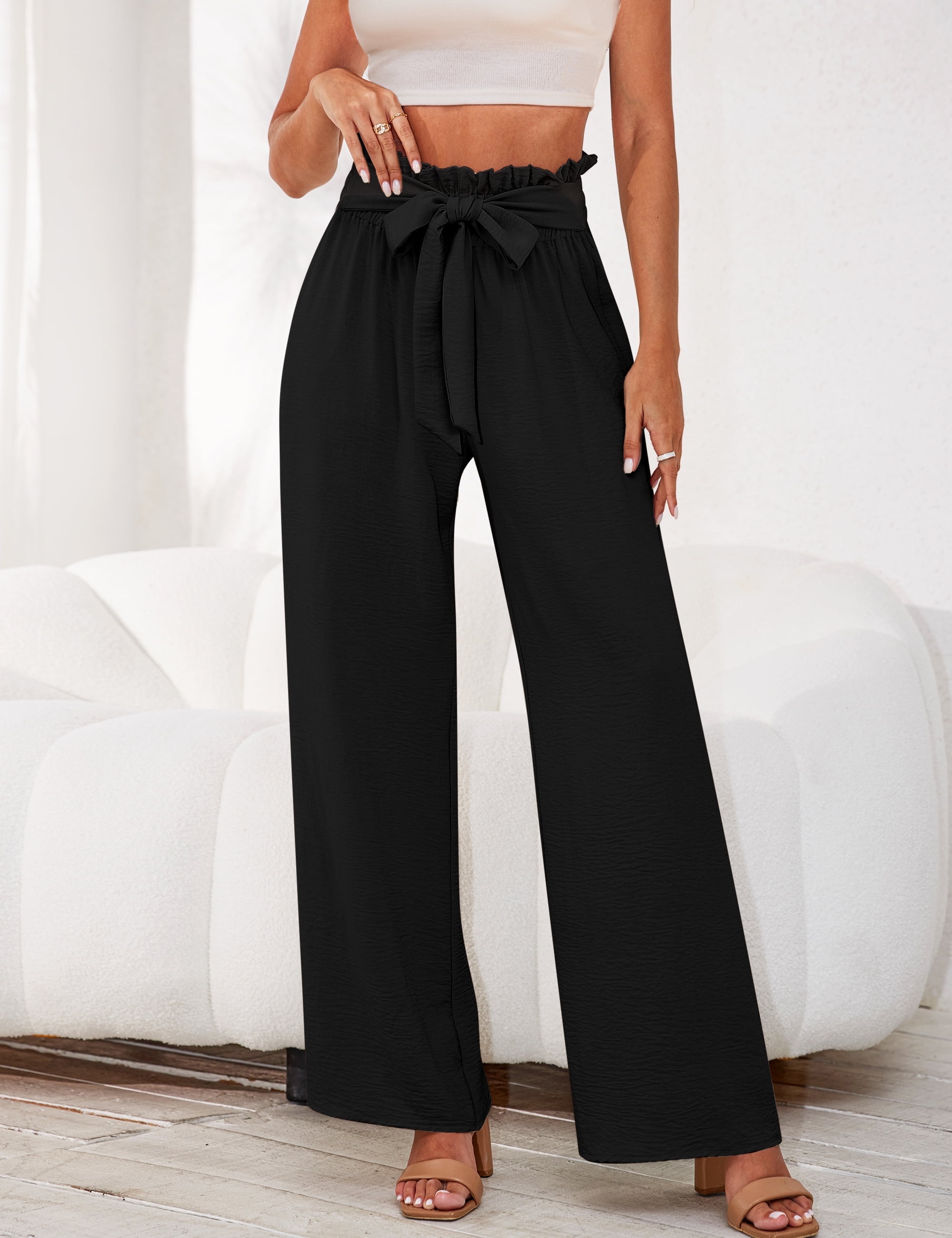 a.Jesdani Women's Wide Leg Casual Pants High Waisted Elastic Pants Tie Knot Loose  Office Trousers with Pockets S-XXL - Walmart.com