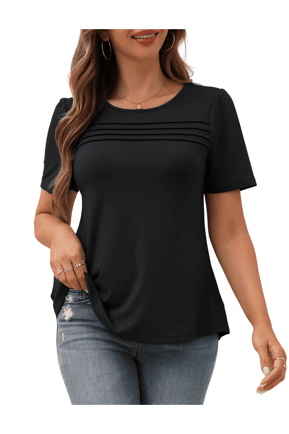 Womens Blouses Short Sleeve Tunic Tops Pleated Casual Summer Shirts m-3x