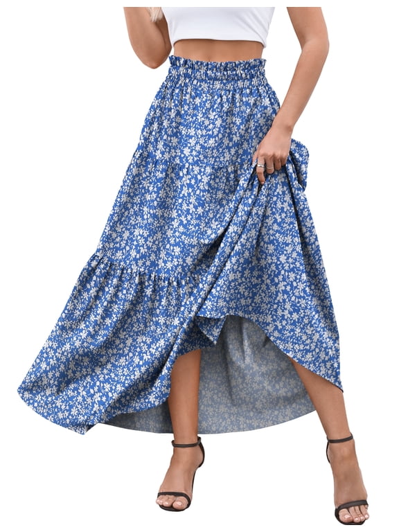 Womens Maxi Skirts Casual Elastic High Waist Swing Tiered Beach Maxi Skirt s-xxl