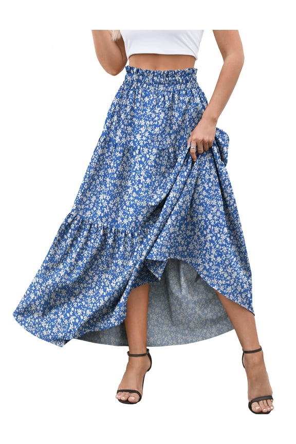 Womens Maxi Skirts Casual Elastic High Waist Swing Tiered Beach Maxi Skirt s-xxl