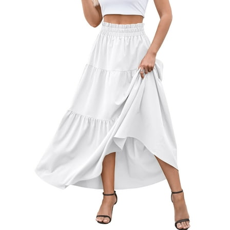 a.Jesdani Womens Maxi Skirts Casual Elastic High Waist Swing Tiered Beach Maxi Skirt s-xxl