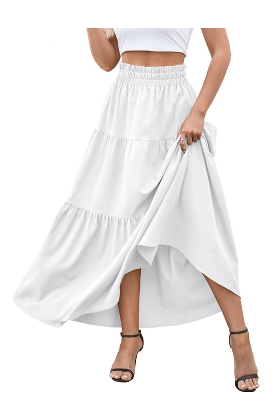 Womens Maxi Skirts Casual Elastic High Waist Swing Tiered Beach Maxi Skirt s-xxl