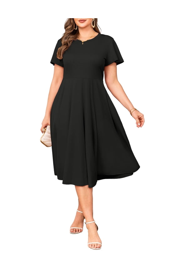 Womens Plus Size Dresses Flutter Sleeve A-Line Midi Dress Wedding Guest Dress Black 1X