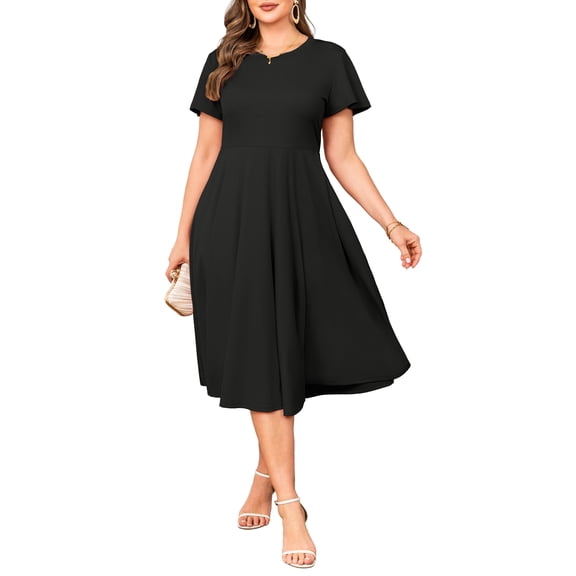 a.Jesdani Womens Plus Size Dresses Flutter Sleeve A-Line Midi Dress Wedding Guest Dress Black 3X