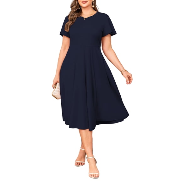 a.Jesdani Womens Plus Size Dresses Flutter Sleeve A-Line Midi Dress Wedding Guest Dress Navy 2X