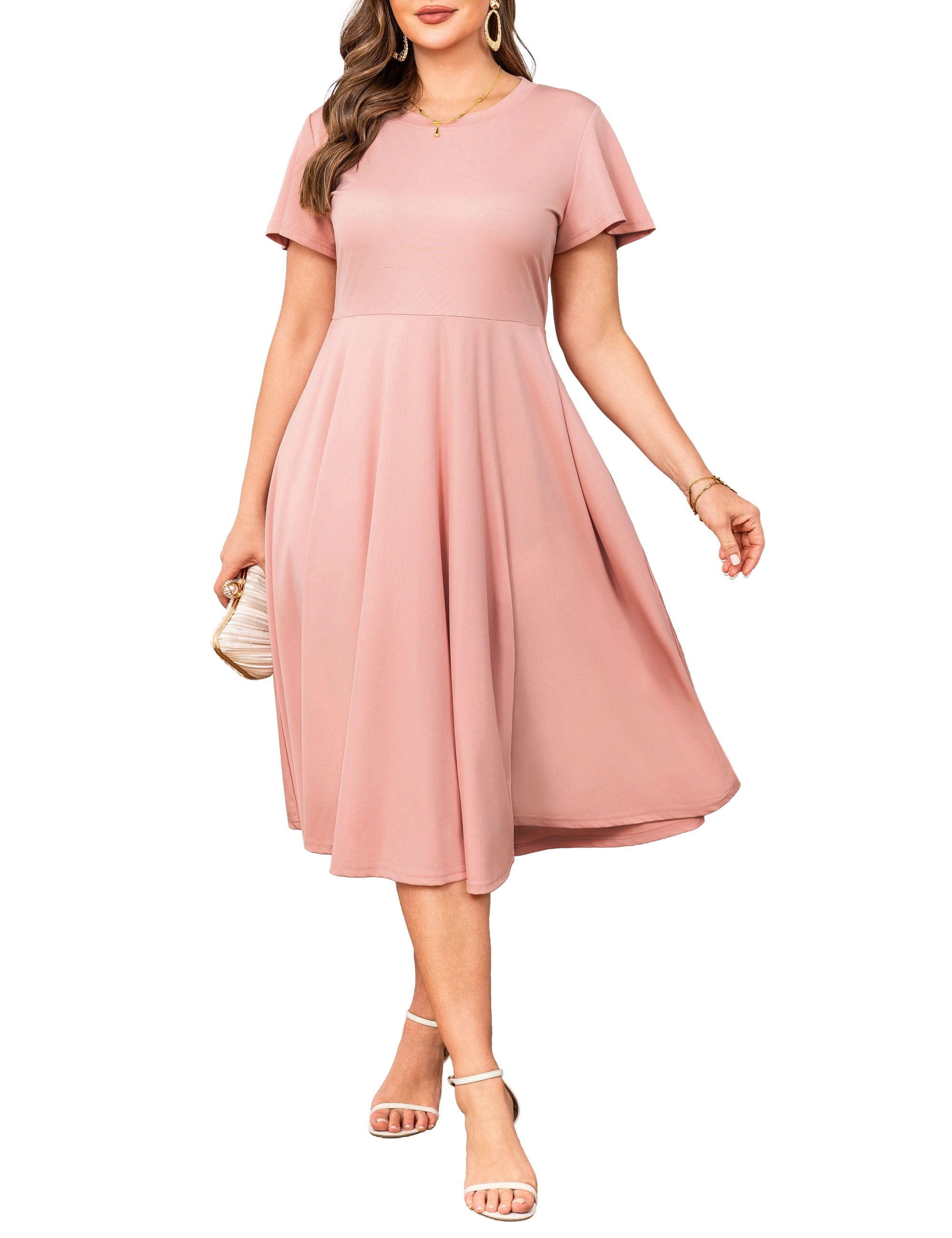 navy blue dress for baby girl A.jesdani Womens Plus Size Dresses Flutter Sleeve A-Line Midi Dress Wedding Guest Dress Pink 2X