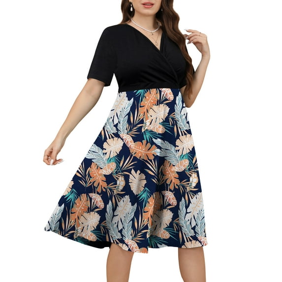 a.Jesdani Womens Plus Size Dresses Ribbed V Neck Short Sleeve Patchwork Casual A-Line Midi Dress with Pockets L-4X