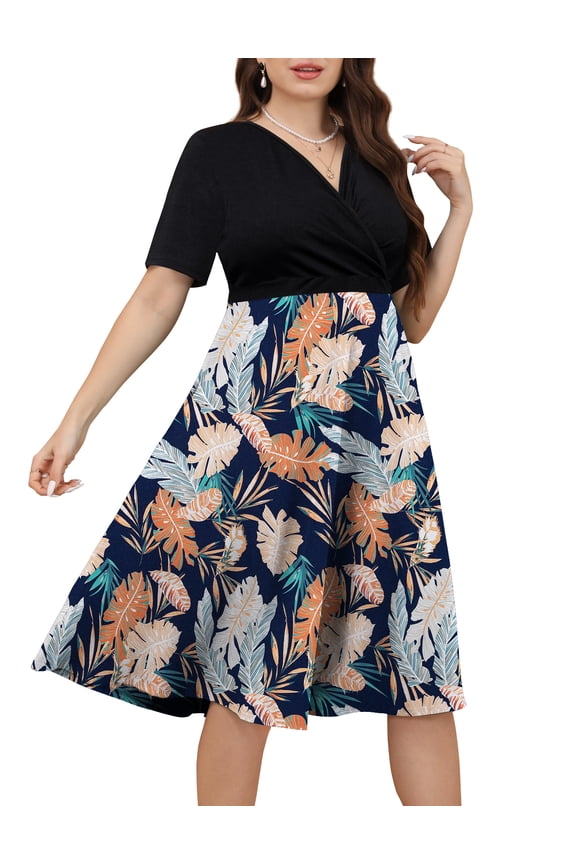 Womens Plus Size Dresses Ribbed V Neck Short Sleeve Patchwork Casual A-Line Midi Dress with Pockets L-4X