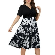 a.Jesdani Womens Plus Size Dresses Ribbed V Neck Short Sleeve Patchwork Casual A-Line Midi Dress with Pockets L-4X