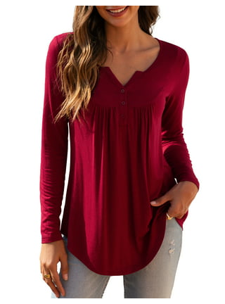 Women's Plus Size Long Sleeve V-Neck T-Shirt (Red, 0X, Numeric_14