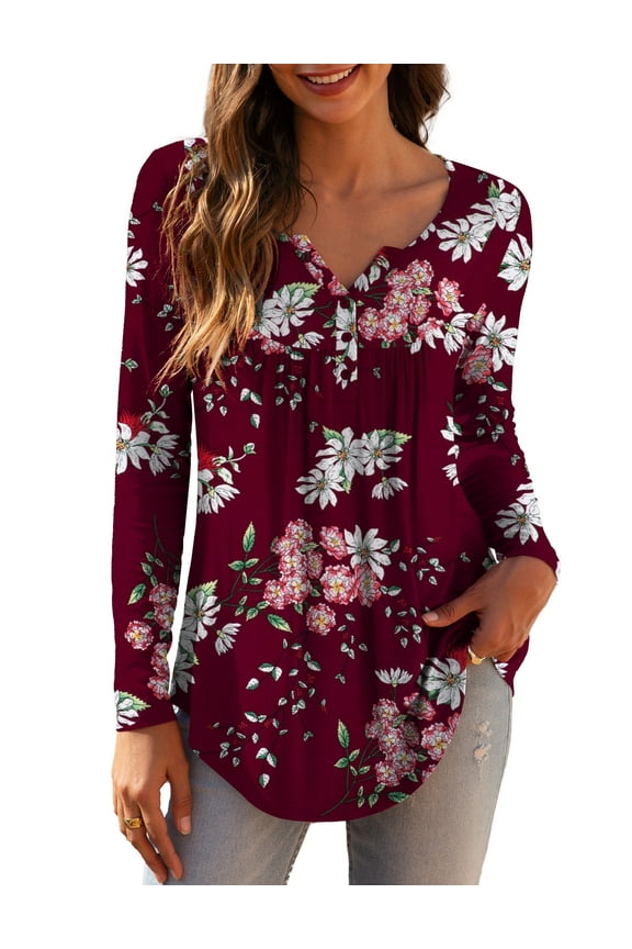 Womens Plus Size Long Sleeve Tunic Tops Casual Floral Henley Shirts m-4x