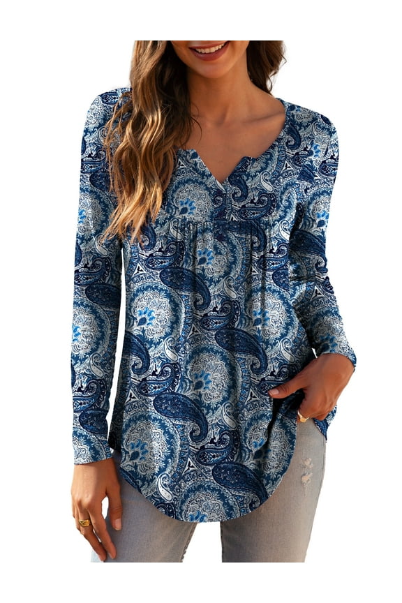 Womens Plus Size Long Sleeve Tunic Tops Casual Floral Henley Shirts m-4x