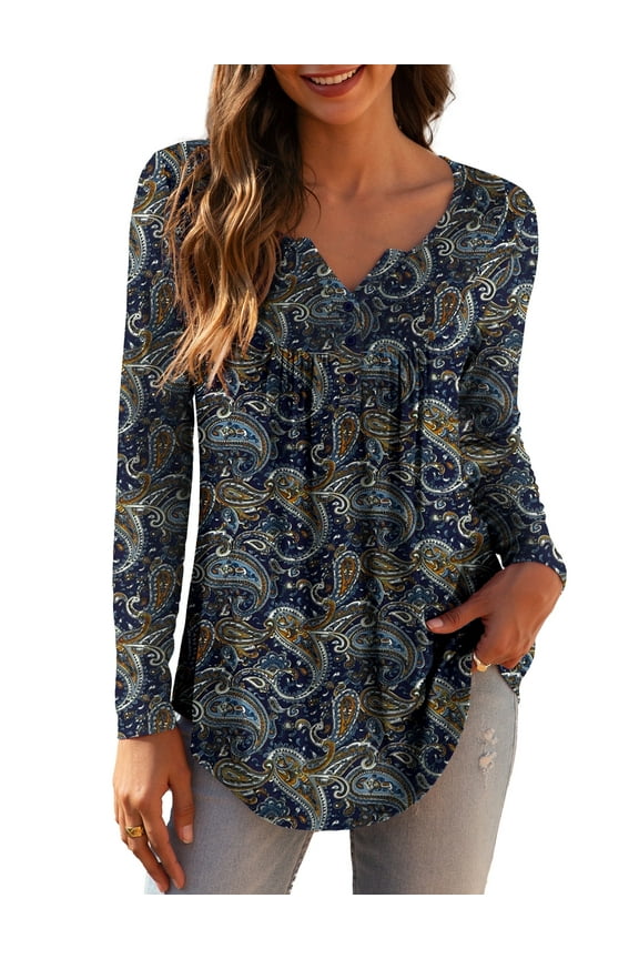 Womens Plus Size Long Sleeve Tunic Tops Casual Floral Henley Shirts m-4x