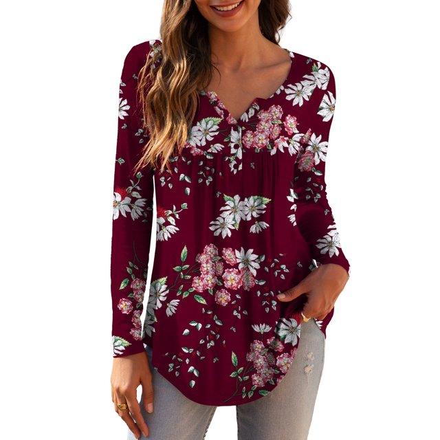 a.Jesdani Womens Plus Size Long Sleeve Tunic Tops Casual Floral Henley ...