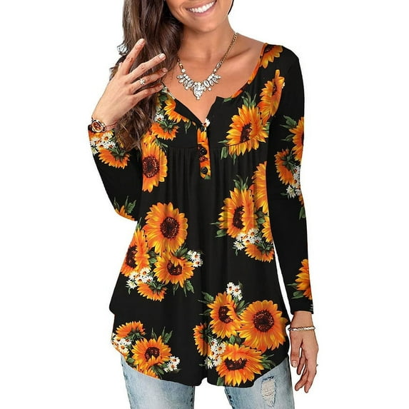 a.Jesdani Womens Plus Size Tops Long Sleeve Tunic Tops Casual Floral Henley Shirts m-4x