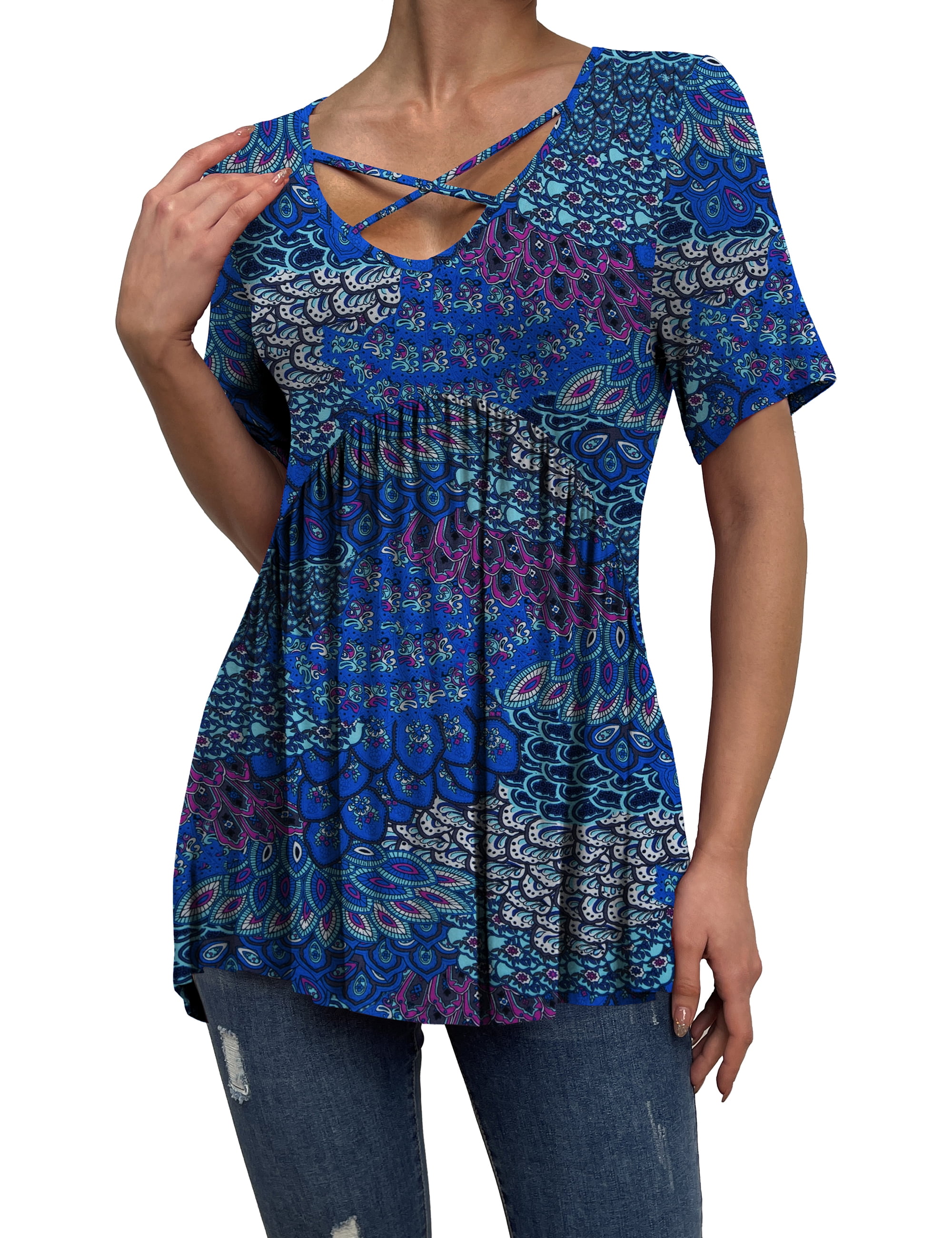 a.Jesdani Womens Plus Size Tops Short Sleeve Casual V Neck Criss Cross ...