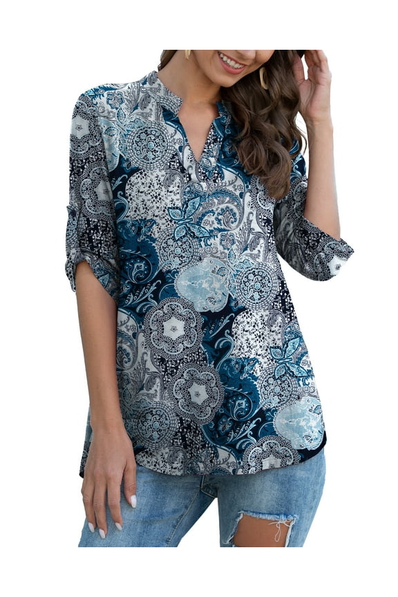 Womens Plus Size Tunic Tops 3/4 Roll Sleeve V Neck Casual Blouses m-4x