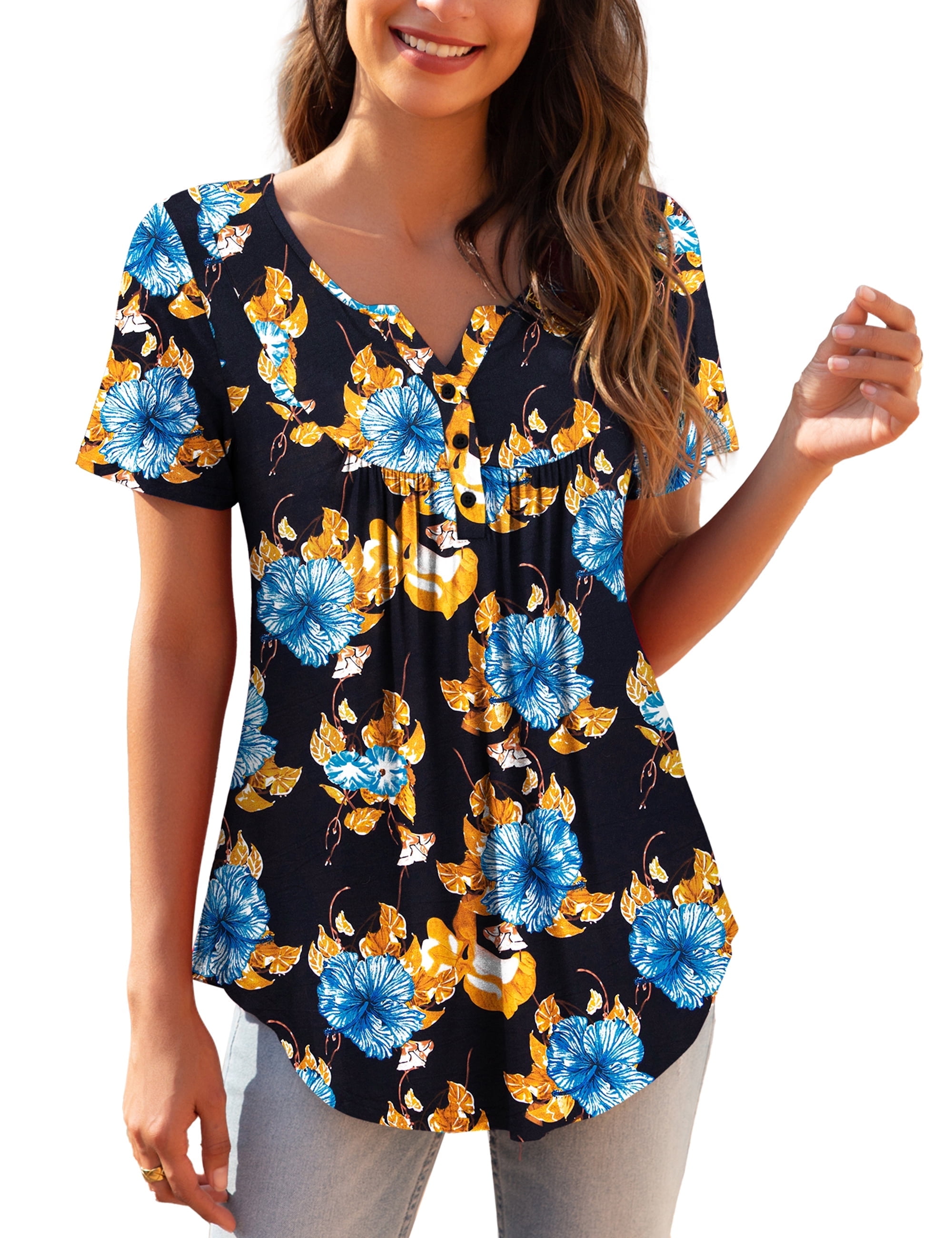 a.Jesdani Womens Plus Size Tunic Tops Short Sleeve Casual Floral Henley ...