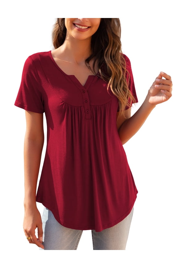 Womens Plus Size Tunic Tops Short Sleeve Casual Floral Henley Shirts m-4x