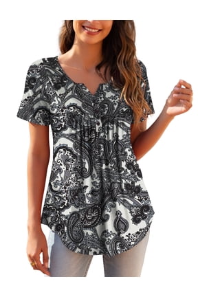 Womens Plus Size Tunic Tops Short Sleeve Casual Floral Henley Shirts m-4x
