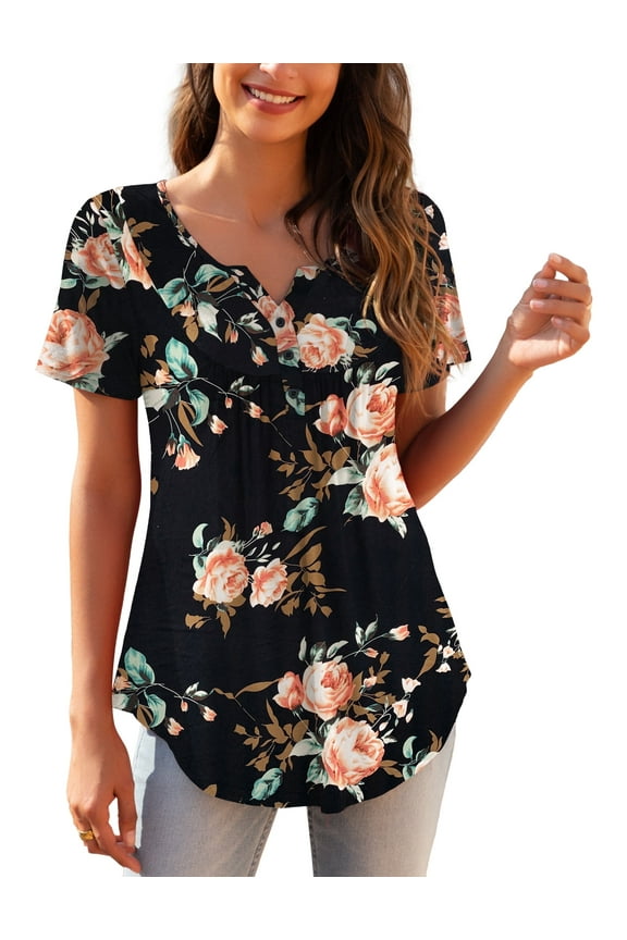 Womens Plus Size Tunic Tops Short Sleeve Casual Floral Henley Shirts m-4x