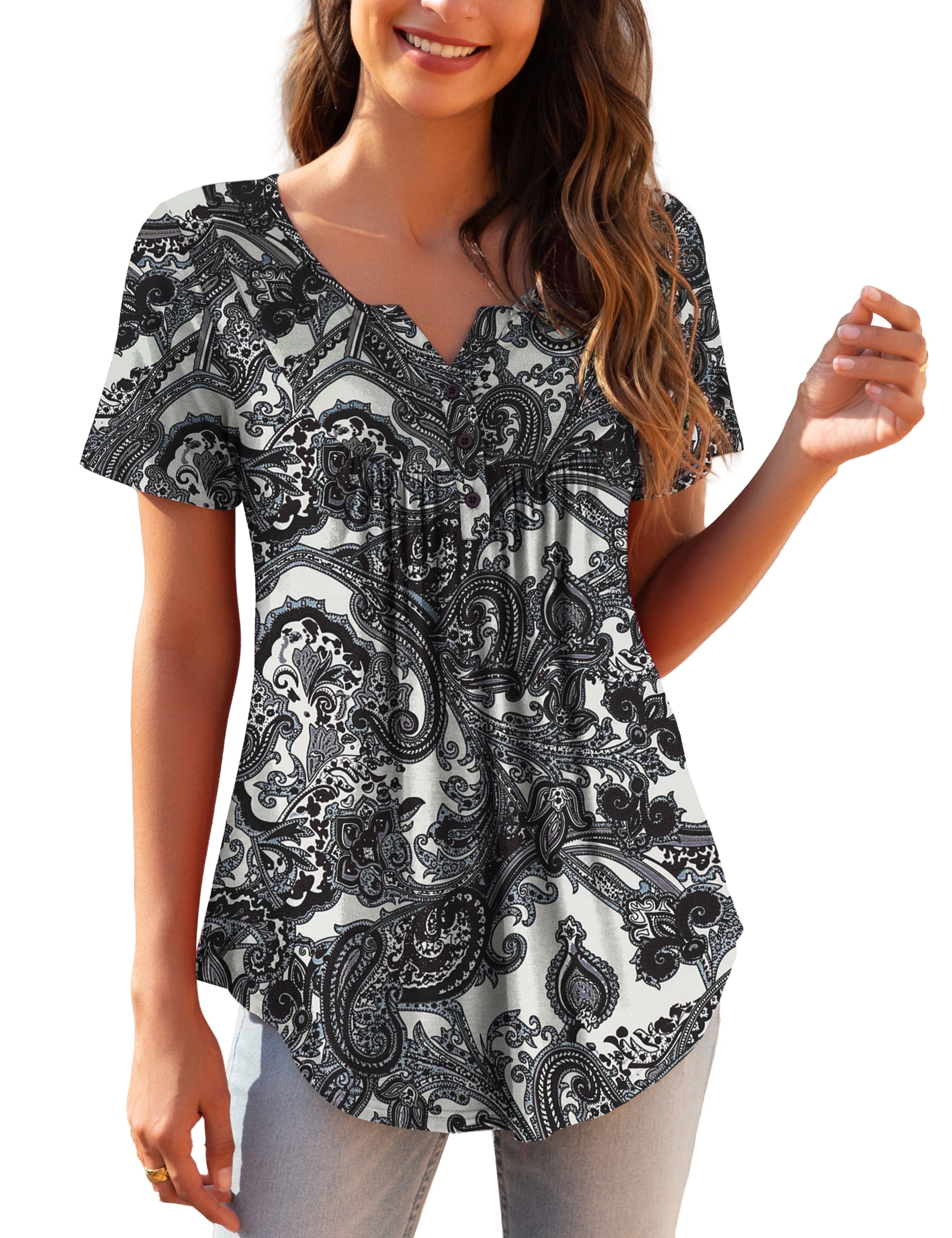 Womens Plus Size Tunic Tops Short Sleeve Casual Floral Henley Shirts m-4x