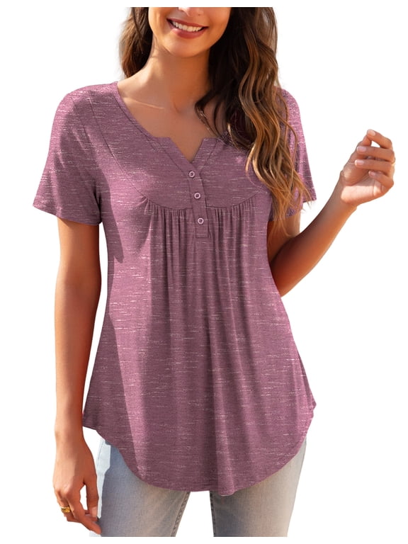 Womens Plus Size Tunic Tops Short Sleeve Casual Floral Henley Shirts m-4x
