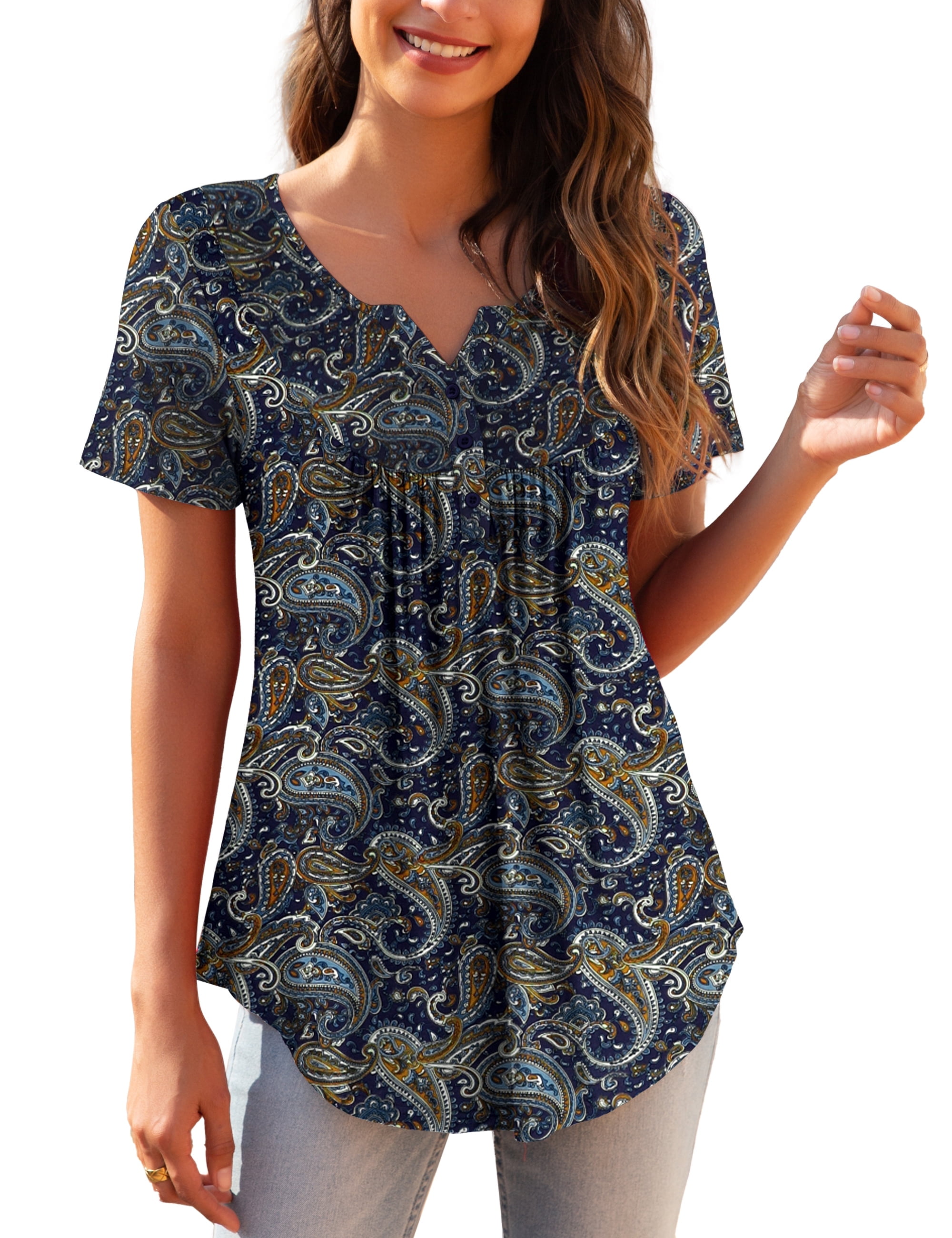 a.Jesdani Womens Plus Size Tunic Tops Short Sleeve Casual Floral Henley Shirts m-4x