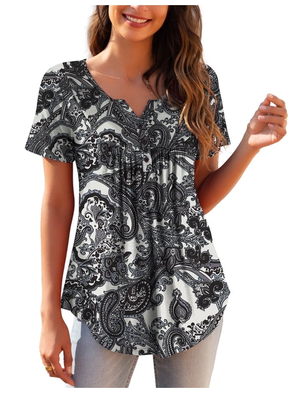 Womens Plus Size Tunic Tops Short Sleeve Casual Floral Henley Shirts m-4x