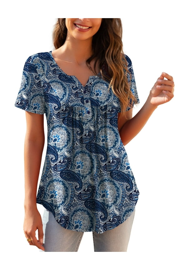 Womens Plus Size Tunic Tops Short Sleeve Casual Floral Henley Shirts m-4x