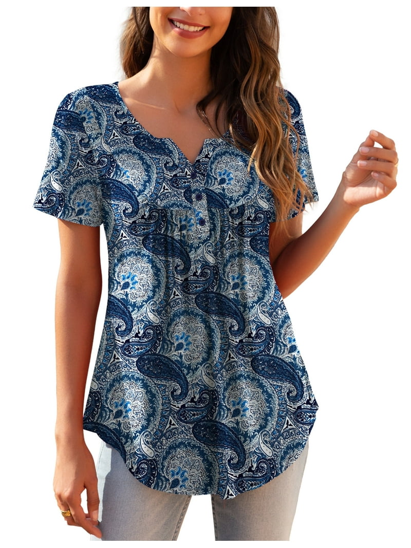 a.Jesdani Womens Plus Size Tunic Tops Short Sleeve Casual Floral Henley Shirts m-4x