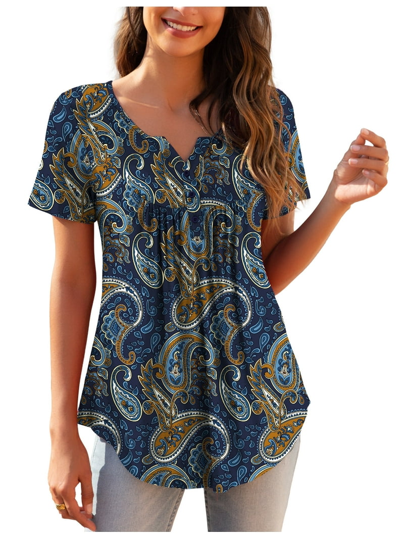 a.Jesdani Womens Plus Size Tunic Tops Short Sleeve Casual Floral Henley Shirts m-4x