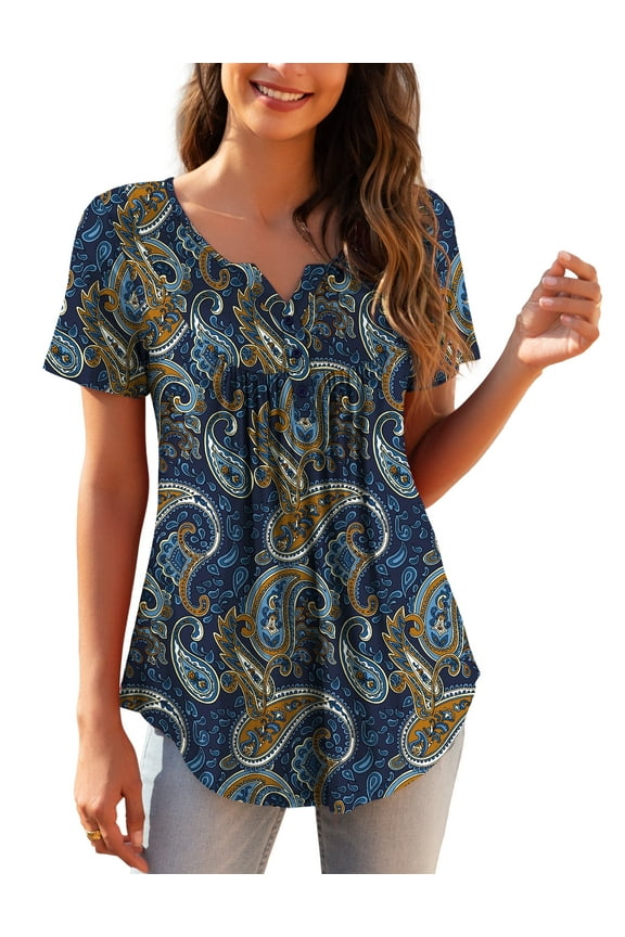 Womens Plus Size Tunic Tops Short Sleeve Casual Floral Henley Shirts m-4x