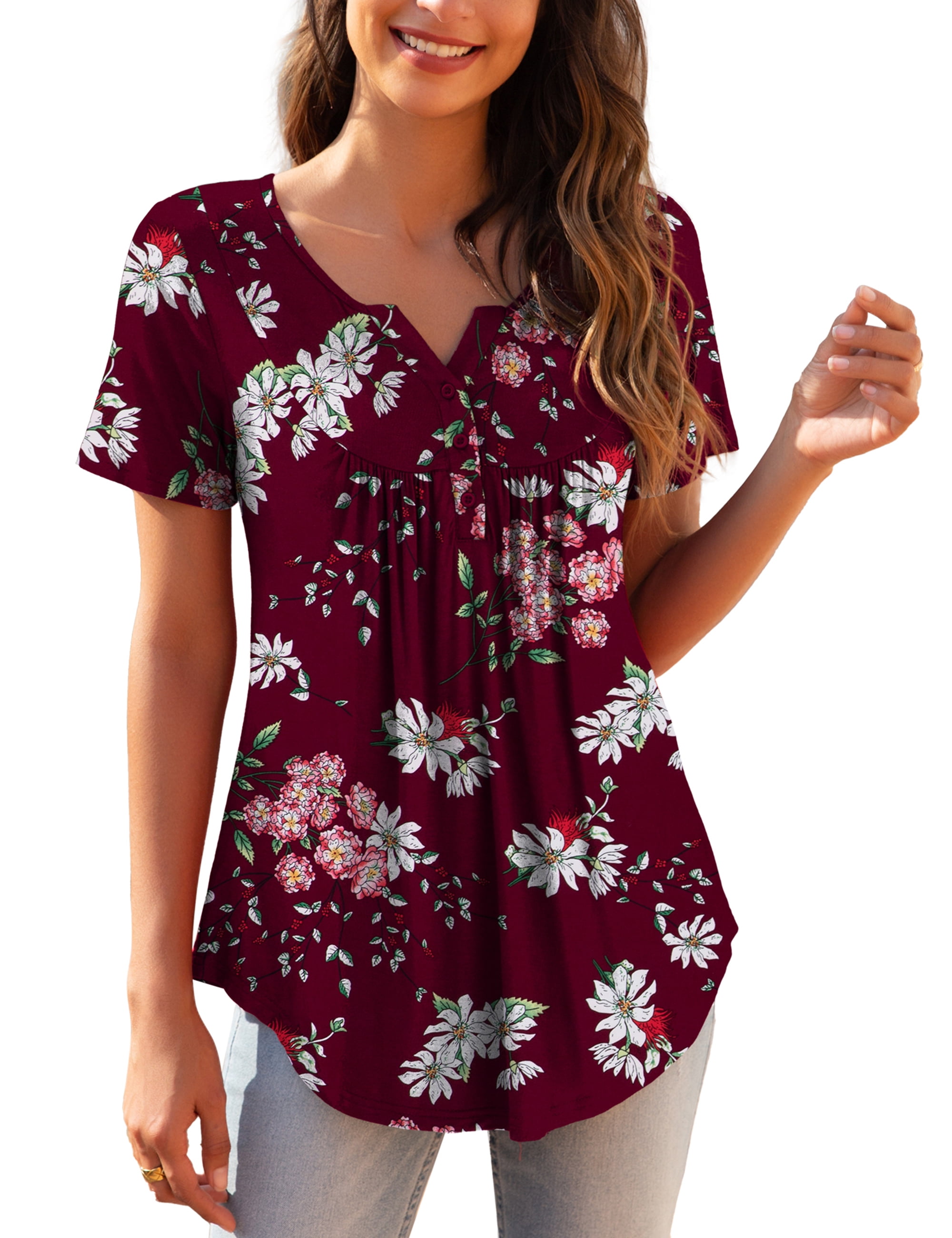 FOLUNSI Womens Plus Size Tunic Tops Short Sleeve Casual Floral Henley ...