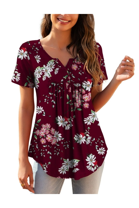Womens Plus Size Tunic Tops Short Sleeve Casual Floral Henley Shirts m-4x