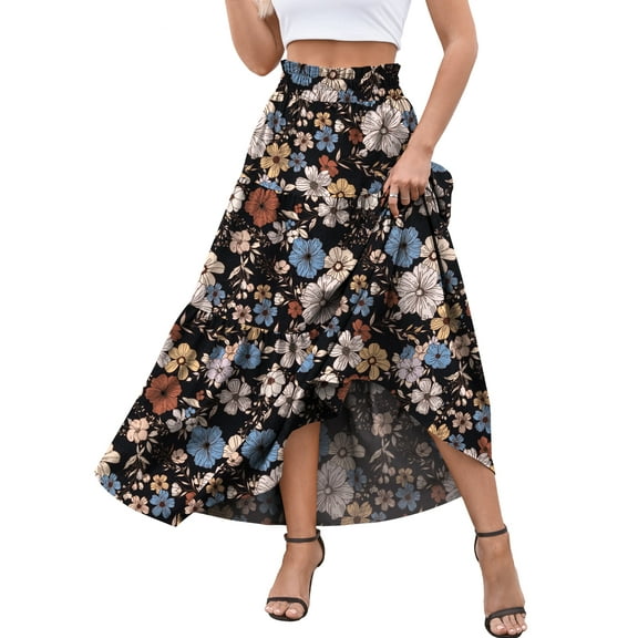 a.Jesdani Womens Skirts Casual High Waist Ruffle Swing Beach Maxi Skirt with Pockets Black Floral L