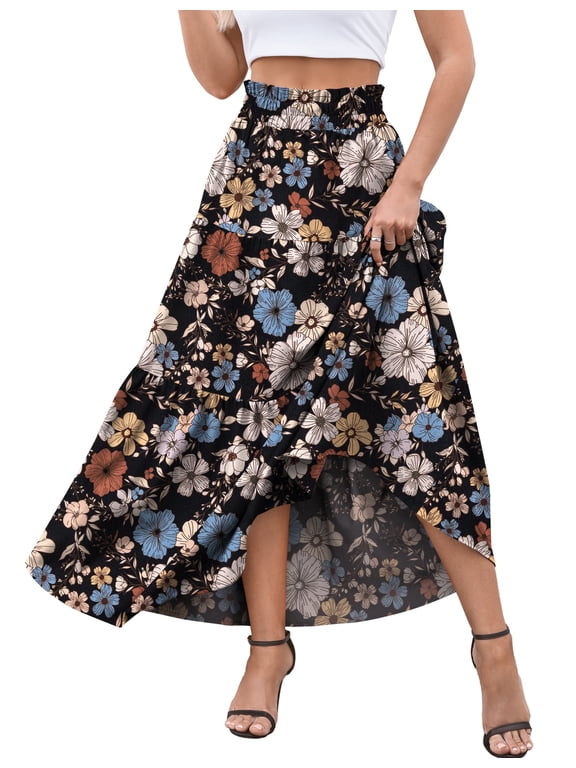 Womens Skirts Casual High Waist Ruffle Swing Beach Maxi Skirt with Pockets Black Floral M