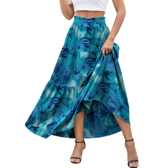 a.Jesdani Womens Skirts Casual High Waist Ruffle Swing Beach Maxi Skirt with Pockets s-xxl