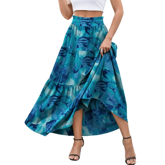 a.Jesdani Womens Skirts Casual High Waist Ruffle Swing Beach Maxi Skirt with Pockets s-xxl