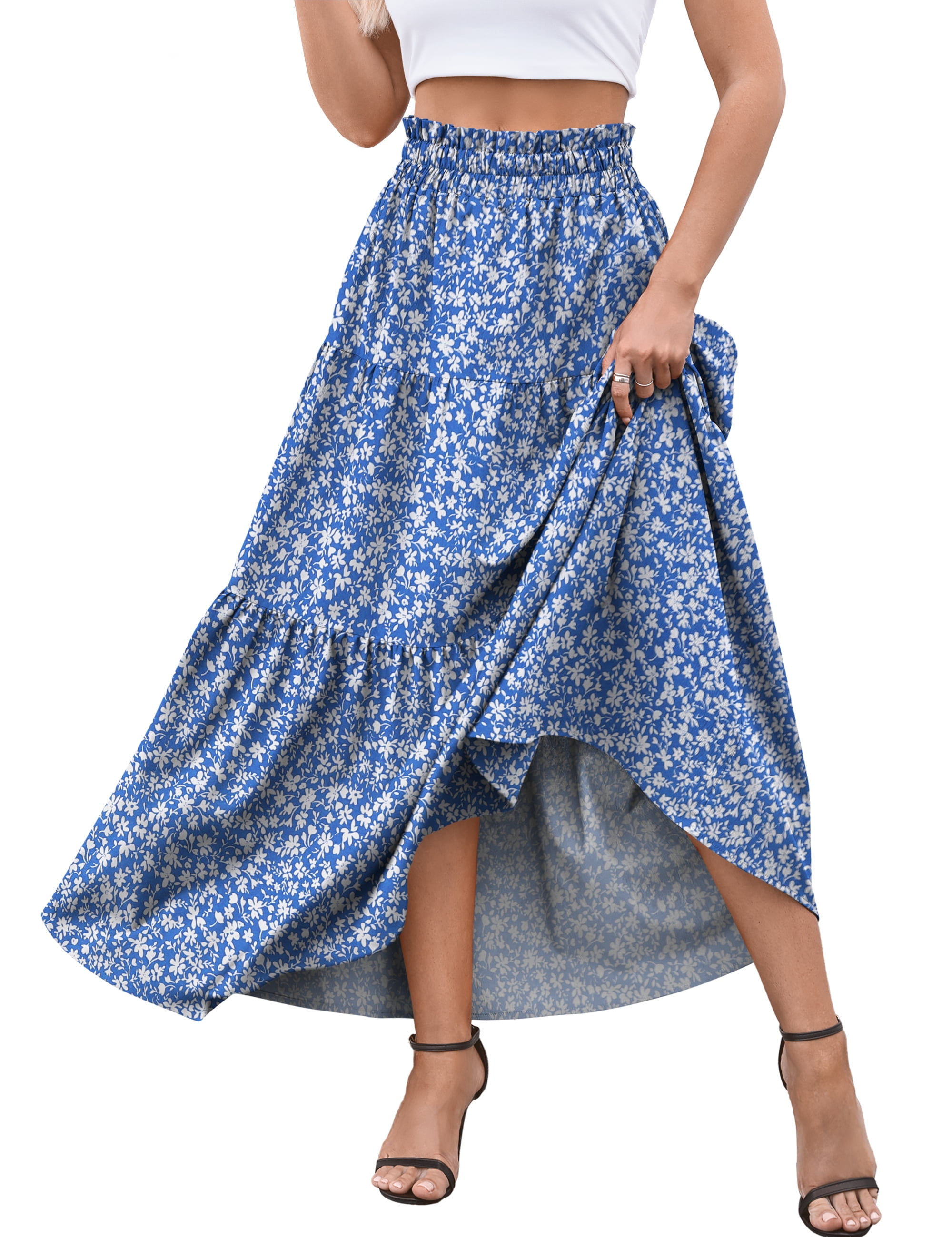 Womens Maxi Skirts Casual Elastic High Waist Swing Tiered Beach Maxi Skirt s-xxl