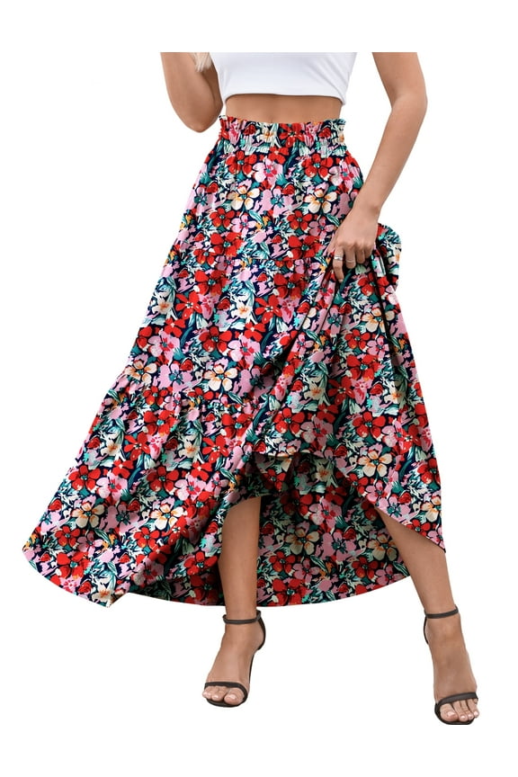 Womens Skirts Casual High Waist Ruffle Swing Beach Maxi Skirt with Pockets s-xxl