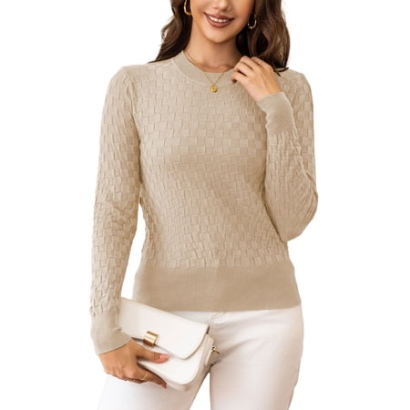 a.Jesdani Womens Sweaters Soft Checkered Pullover Sweater Fall Long Sleeve Knit Apricot Sweater L